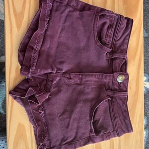 Women’s Burgundy Denim Frayed Hem Shorts